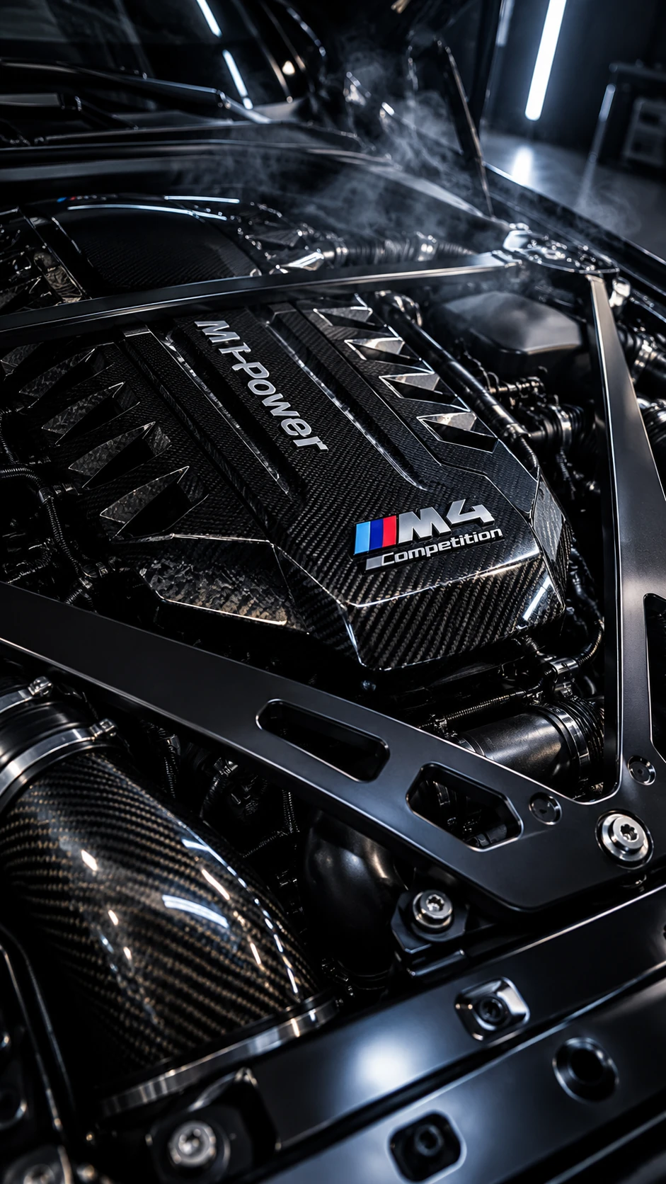 Motor BMW M Power con cubierta de fibra de carbono y distintivo M4 Competition
