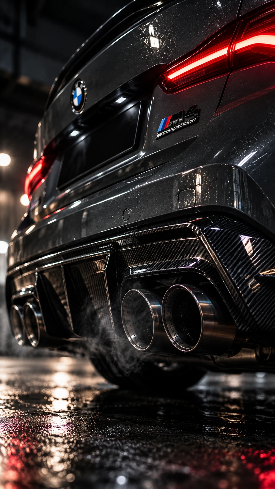 Detalle macro de las cuatro salidas de escape y difusor de carbono del BMW M4