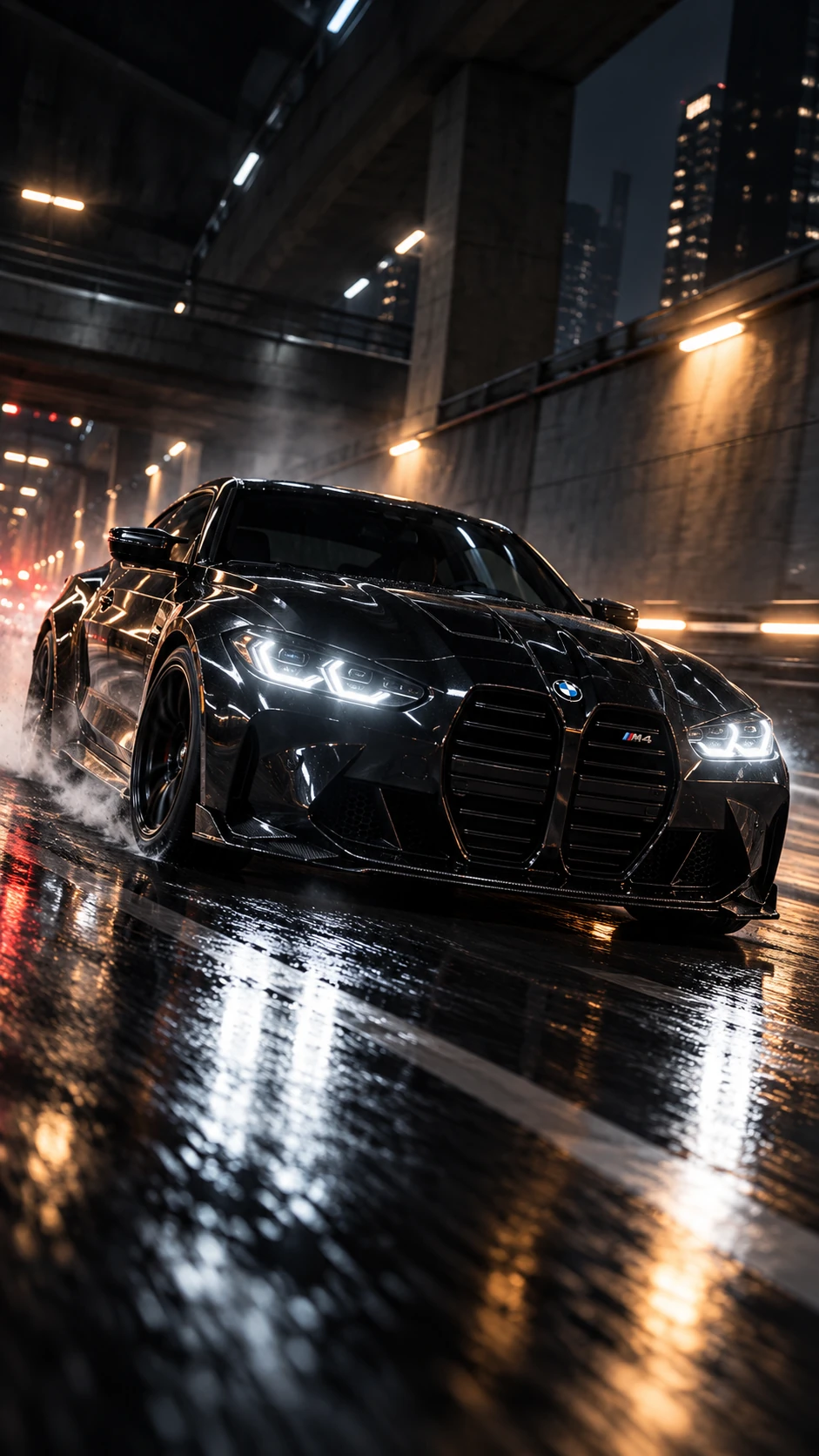 Vista baja del frontal y de los faros del BMW M4 Competition negro