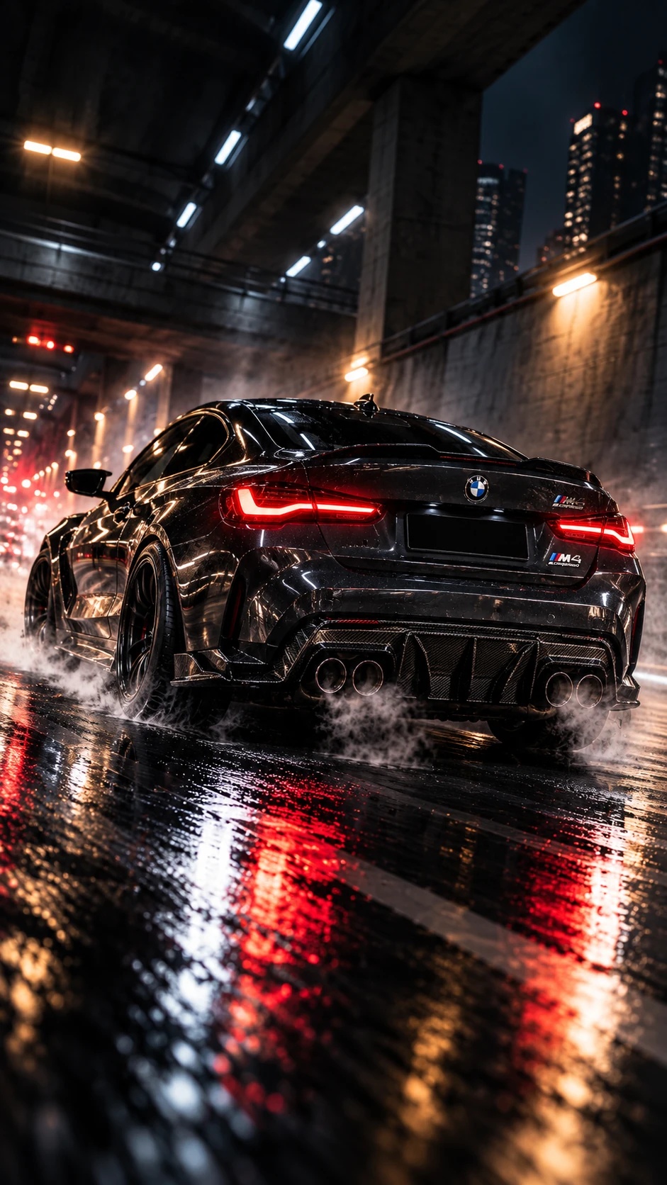 Parte trasera del BMW M4 Competition negro con pilotos rojos bajo el viaducto